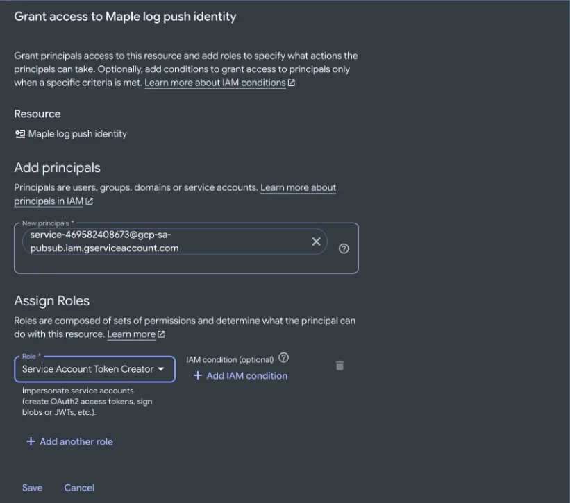 The Grant access panel with the Pub/Sub service agent as new principal and the role Service Account Token Creator.