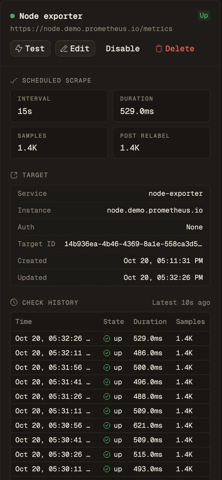 The Node exporter target marked Up: a 15 second interval, a 529 ms scrape with 1.4K samples, and a check history of successful scrapes every 15 seconds.